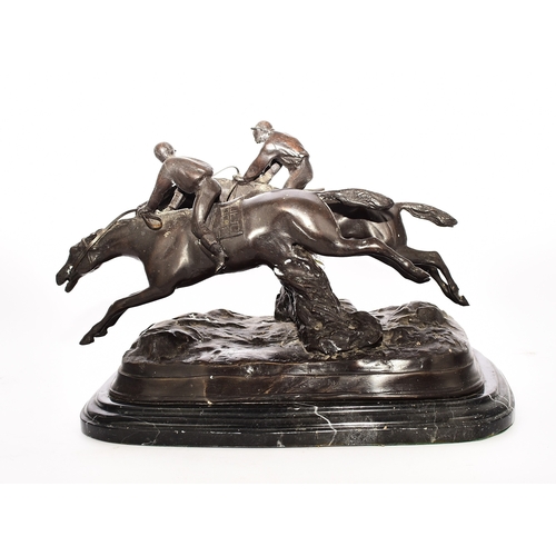 539 - A bronze equestrian group, 20th century Modelled as two steeplechase horses with jockey's in mid jum... 