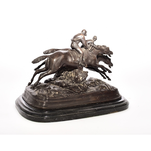 539 - A bronze equestrian group, 20th century Modelled as two steeplechase horses with jockey's in mid jum... 