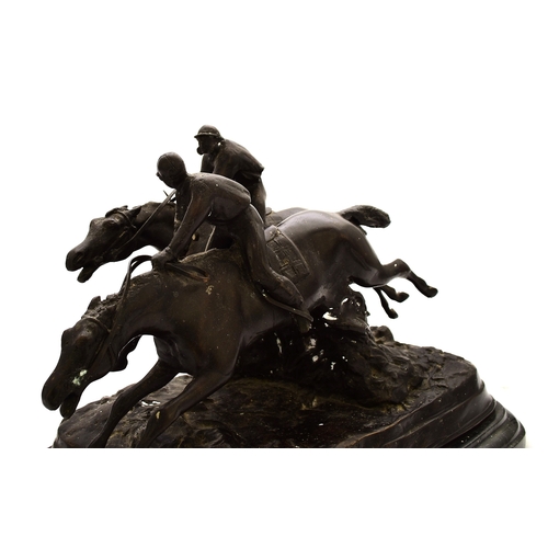 539 - A bronze equestrian group, 20th century Modelled as two steeplechase horses with jockey's in mid jum... 