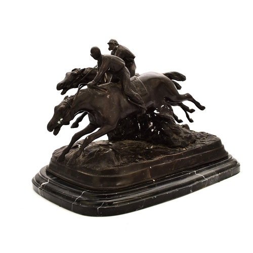 539 - A bronze equestrian group, 20th century Modelled as two steeplechase horses with jockey's in mid jum... 