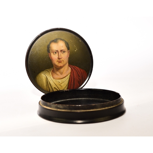 558 - A Stobwasser-type box of Napoleonic interest, 19th century Of circular form and painted with a portr... 