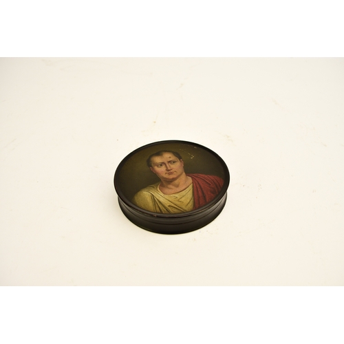 558 - A Stobwasser-type box of Napoleonic interest, 19th century Of circular form and painted with a portr... 