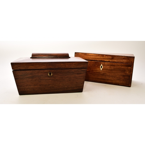 559 - Two 19th century mahogany tea caddies The first in rosewood and of sarcophagus form, the interior wi... 