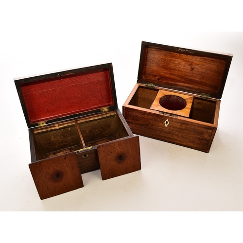 559 - Two 19th century mahogany tea caddies The first in rosewood and of sarcophagus form, the interior wi... 