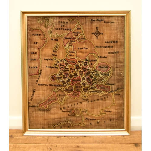 597 - A needlework map of Britain, framed Showing the counties with parts of Scotland and Ireland, by Mary... 