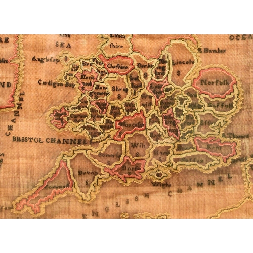 597 - A needlework map of Britain, framed Showing the counties with parts of Scotland and Ireland, by Mary... 