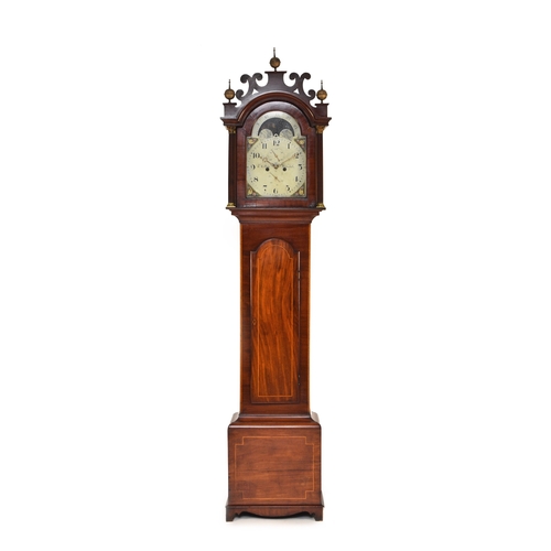 604 - George III inlaid mahogany painted dial longcase clock, Thomas Collins of Botesdale The hood with fr... 