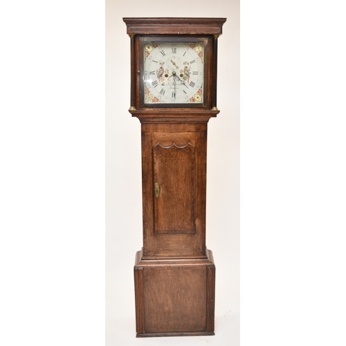 605 - A George III inlaid oak painted dial longcase clock, John Harrison, Audlem The hood with fluted full... 