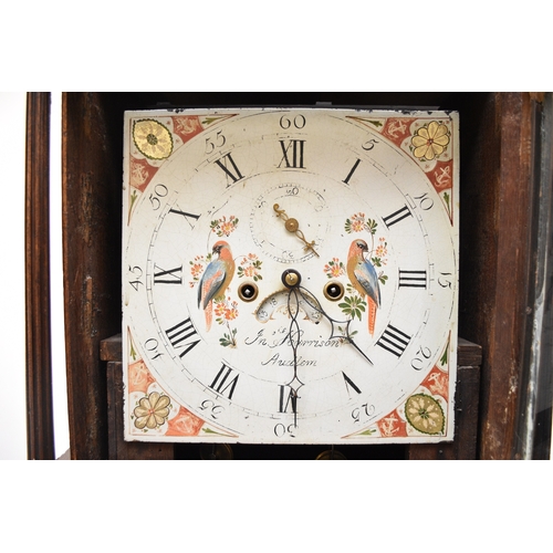 605 - A George III inlaid oak painted dial longcase clock, John Harrison, Audlem The hood with fluted full... 