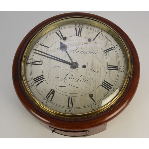 610 - An early 19th century mahogany wall fusee clock, The dial signed Inigo Innocent of London The 12 inc... 