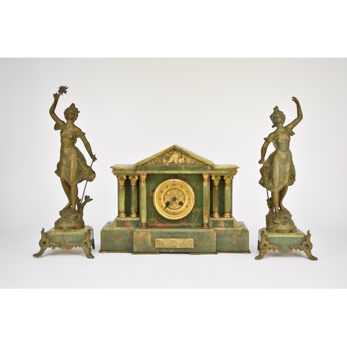 619 - A French onyx and gilt metal clock garniture, circa 1900 Of architectural form, the 3.7 inch dial wi... 