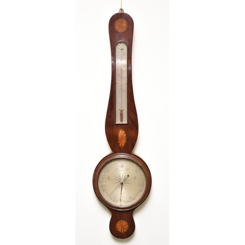 649 - A 19th century mahogany veneered banjo barometer The silvered 8.5 inch dial signed Mantichia, below ... 