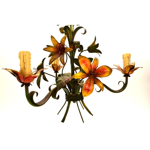 654 - A French three-branch tole flower chandelier, brightly painted and modelled as a bouquet of lilies, ... 