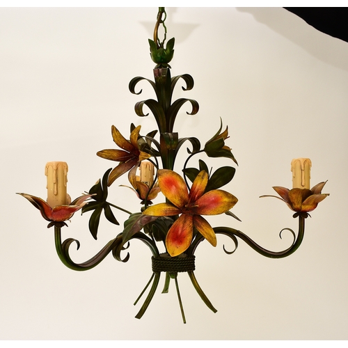 654 - A French three-branch tole flower chandelier, brightly painted and modelled as a bouquet of lilies, ... 