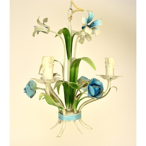 654 - A French three-branch tole flower chandelier, brightly painted and modelled as a bouquet of lilies, ... 