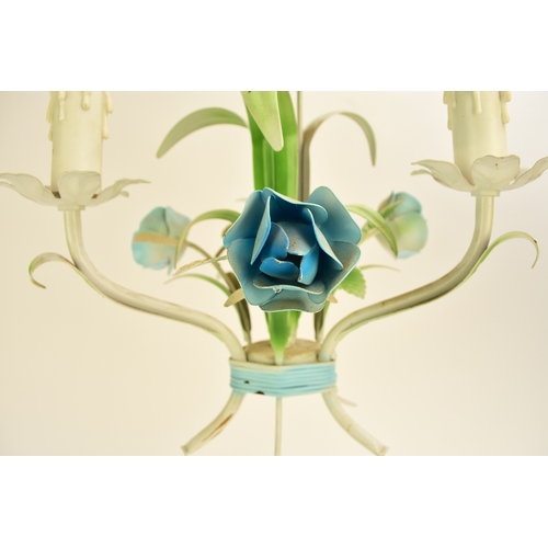 654 - A French three-branch tole flower chandelier, brightly painted and modelled as a bouquet of lilies, ... 