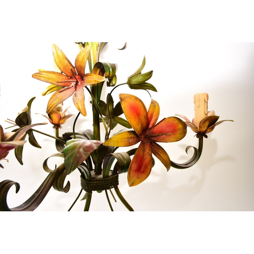 654 - A French three-branch tole flower chandelier, brightly painted and modelled as a bouquet of lilies, ... 