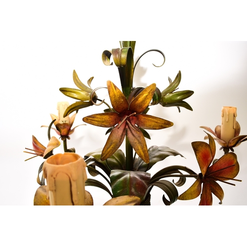 654 - A French three-branch tole flower chandelier, brightly painted and modelled as a bouquet of lilies, ... 