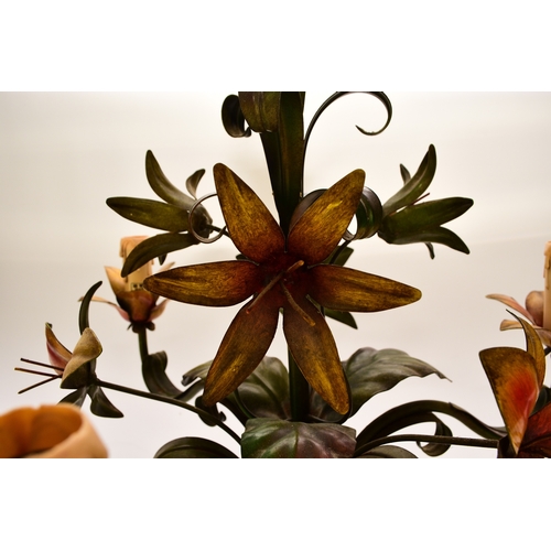 654 - A French three-branch tole flower chandelier, brightly painted and modelled as a bouquet of lilies, ... 