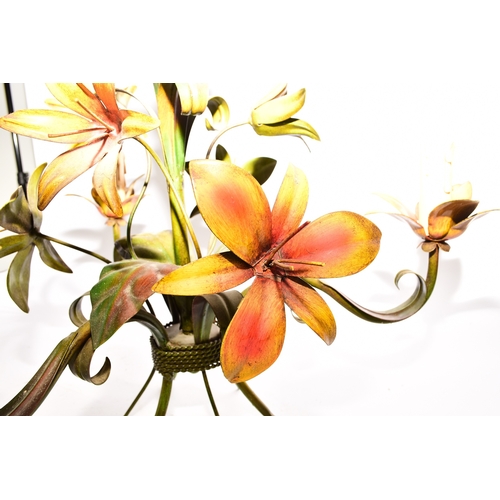 654 - A French three-branch tole flower chandelier, brightly painted and modelled as a bouquet of lilies, ... 