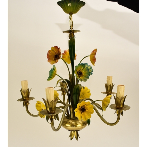 654 - A French three-branch tole flower chandelier, brightly painted and modelled as a bouquet of lilies, ... 