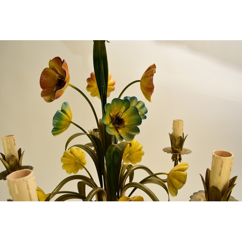 654 - A French three-branch tole flower chandelier, brightly painted and modelled as a bouquet of lilies, ... 