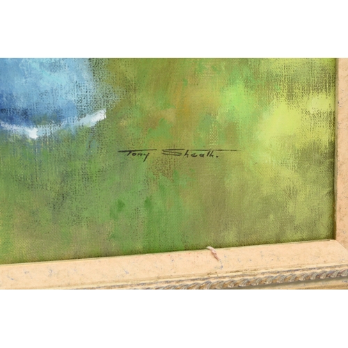 102 - Tony Sheath (British b.1946) A Quiet Afternoon, lady in blue resting in a garden hammock, signed low... 