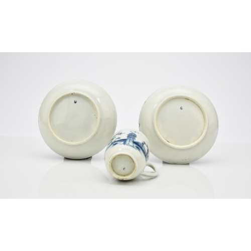 108 - A Worcester porcelain coffee cup and two saucers in the 'Waiting Chinaman' pattern, circa 1770, pain... 