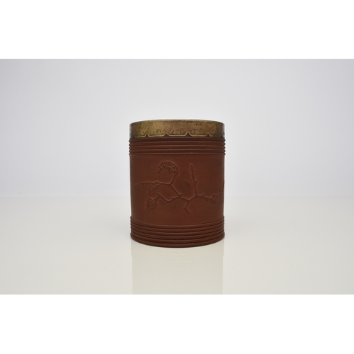 113 - An Elers type red stoneware mug, probably early 18th century, of cylindrical form, with engine-turne... 