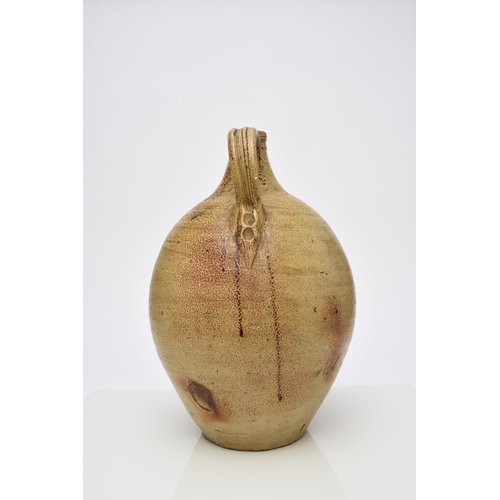 114 - A large Fulham pottery stoneware bottle, 18th century, of single-handled form with strap handle, bro... 