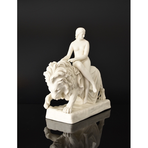 137 - A Minton parian figural group of Una and the Lion after a model by John Bell (1812-1895), the nude f... 