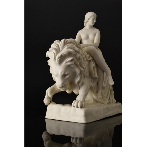 137 - A Minton parian figural group of Una and the Lion after a model by John Bell (1812-1895), the nude f... 