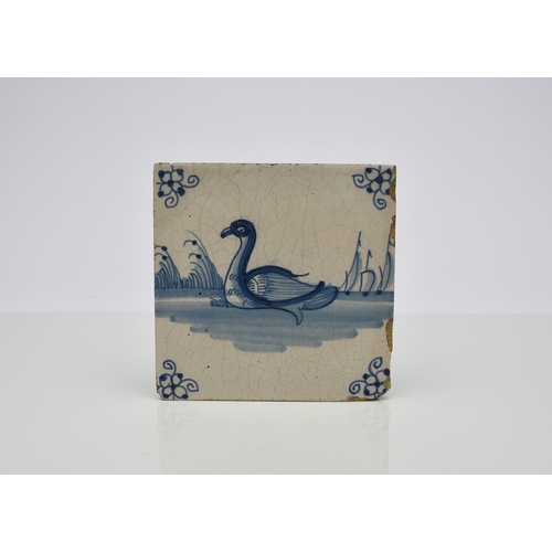 143 - Nine assorted Dutch delft blue and white tiles, mostly 18th century, including two with stags, one w... 