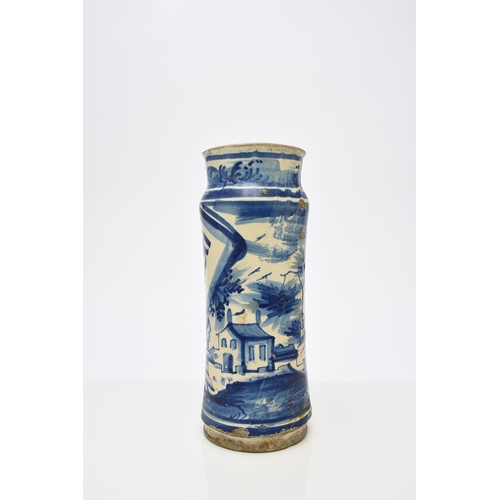 148 - A Spanish (Catalonia) faience albarello, 17th century, painted in blue with a single female figure b... 