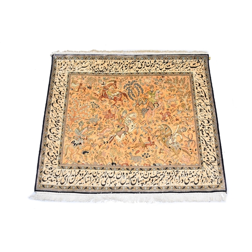 218 - A Persian silk picture rug, 20th century The central camel field with a scene of huntsmen on horseba... 