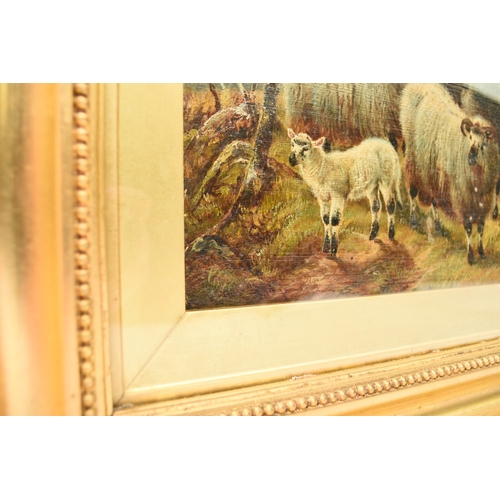 81 - Robert Watson (1865-1916) Sheep and Lambs Grazing, signed lower left, oil on panel, 19 x 29 cm, fram... 