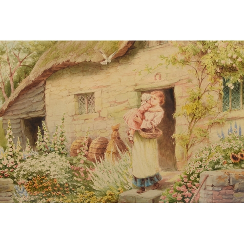 92 - Helen Allingham (1848-1926) Mother Carrying her Daughter down the Steps of a Thatched Cottage. with ... 