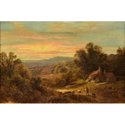 96 - Alfred Augustus Glendening (1840-1921) Shepherd Driving Sheep down a Hillside, with a sheepdog besid... 