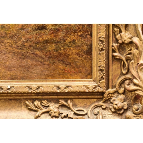 96 - Alfred Augustus Glendening (1840-1921) Shepherd Driving Sheep down a Hillside, with a sheepdog besid... 