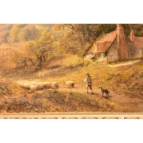 96 - Alfred Augustus Glendening (1840-1921) Shepherd Driving Sheep down a Hillside, with a sheepdog besid... 