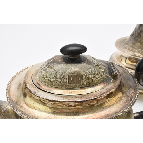 1 - A 'Sterling Silver' South East Asian four piece tea service, each piece of oval form with figural an... 