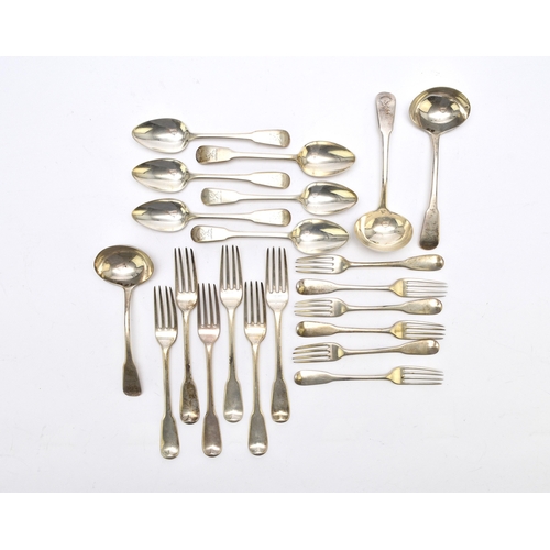 17 - A set of George III silver Fiddle pattern flatware, William Eley I & William Fearn, London 1797, com... 