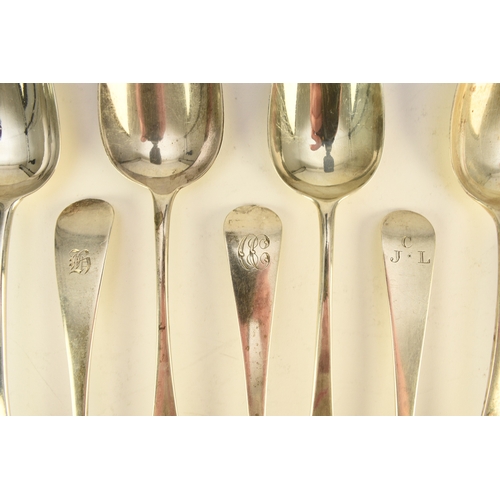 18 - A collection of ten silver Old English pattern tablespoons, comprising, a set of four George III exa... 