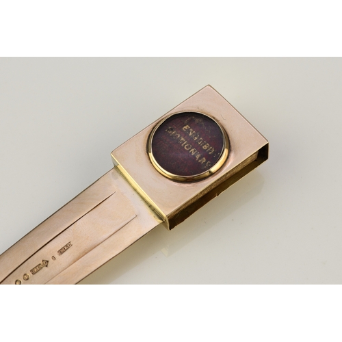 21 - A Victorian Sampson Mordan & Co 9ct gold combined bookmark / magnifier, London 1894, the book mark o... 