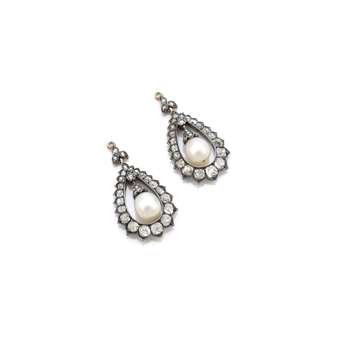 36 - A pair of late 19th century diamond and untested pearl ear pendants, each designed as a central pear... 
