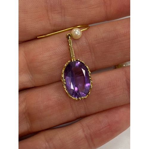 44 - A pair of 9ct gold amethyst and cultured pearl ear pendants, each designed as a single oval mixed cu... 