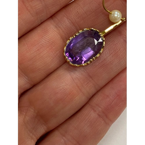 44 - A pair of 9ct gold amethyst and cultured pearl ear pendants, each designed as a single oval mixed cu... 