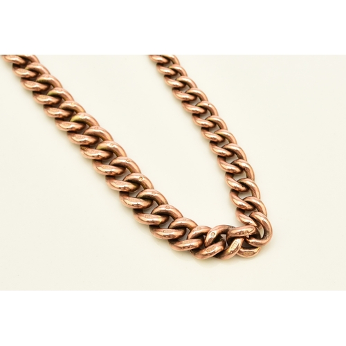 49 - A 9ct rose gold graduated curb link Albert, with attached T-bar, swivel and bolt ring, 34cm long, we... 