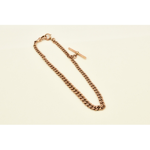 49 - A 9ct rose gold graduated curb link Albert, with attached T-bar, swivel and bolt ring, 34cm long, we... 