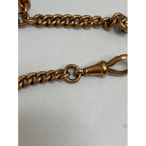 49 - A 9ct rose gold graduated curb link Albert, with attached T-bar, swivel and bolt ring, 34cm long, we... 